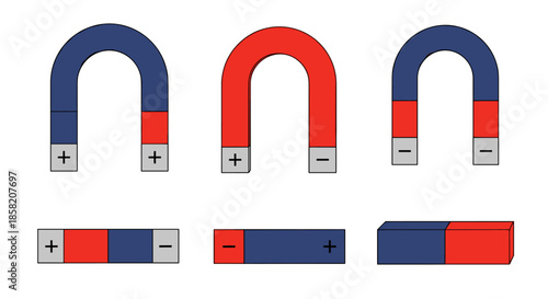 Set of different magnet shapes including horseshoe and bar magnets with positive and negative poles indicated by plus minus.