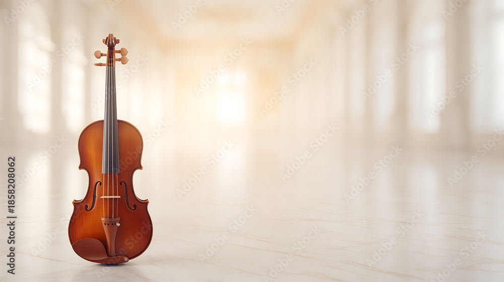 Fototapeta premium A beautifully crafted violin stands alone in a softly lit, elegant space, highlighting its intricate design and warm color.