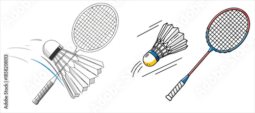 Flat black badminton racket and shuttlecock black silhouettes, vector illustration isolated on white background. Essential badminton sport game equipment. badminton shuttlecock isolated on white 