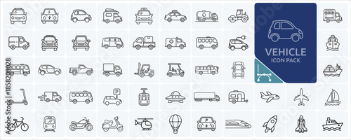 Vehicle icon pack including car, motorcycle, bicycle, airplane, train, bus, scooter, and more. Modern outline icons with editable stroke.