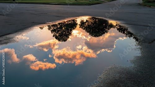 Sky Reflection in Puddle at Sunset on Asphalt Road with Trees in Background in Golden Hour
