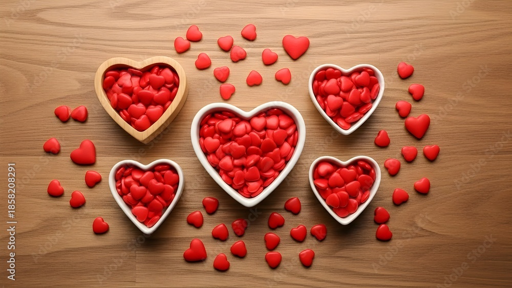 Fototapeta premium A charming arrangement of heart-shaped bowls filled with red candies on a wooden table