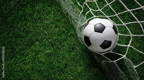 Soccer Ball in Goal Net on Green Artificial Turf Field with Water Drops Celebration Victory Success Teamwork Fair Play Concept