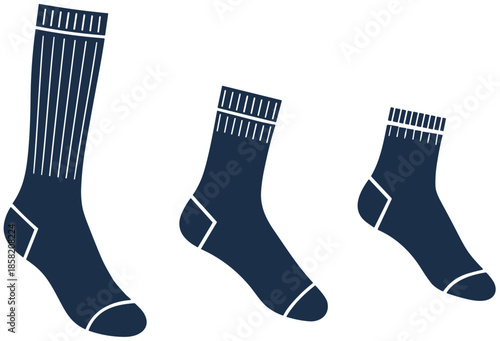 Sports socks collection in different lengths, crew ankle and knee high styles, minimalist athletic footwear accessories, clean flat vector illustration