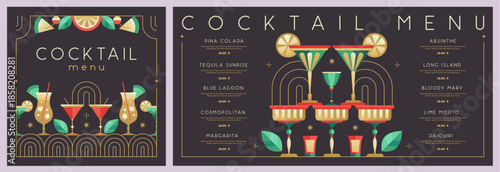 Retro holiday restaurant cocktail menu design on black background. Flat design. Vector illustration