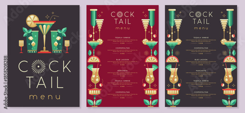 Retro holiday restaurant cocktail menu design on black background. Flat design. Vector illustration