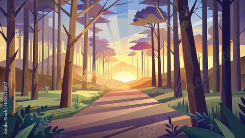 Morning forest vector with low sun and long shadows, soft atmospheric flat illustration