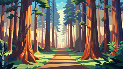 Forest landscape vector with towering redwood trees, vertical depth perspective, clean flat illustration
