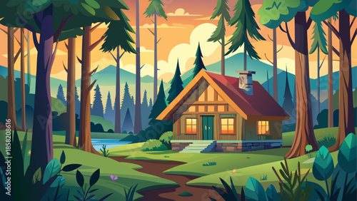 Forest landscape vector with wooden cabin hidden among trees, cozy nature scene