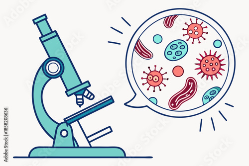 Vector flat illustration of microorganisms viewed under a microscope. Ideal for biology, science education, and microbiology-related projects.