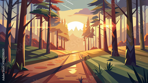 Morning forest vector with low sun and long shadows, soft atmospheric flat illustration