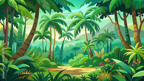 Tropical forest vector with palm trees and lush foliage, vibrant green flat illustration