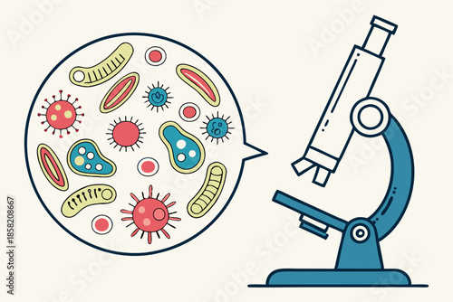 Microorganisms under microscope concept. Vector flat cartoon graphic design illustration