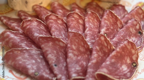 Thinly sliced salami layered neatly on a plate highlighting cured meat texture rich color and savory gourmet food presentation