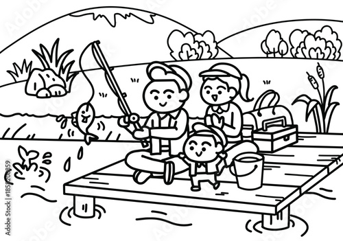 Happy Family Fishing Day on the Wooden Pier