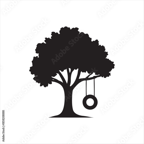 Tree with swing silhouette nature childhood vector illustration