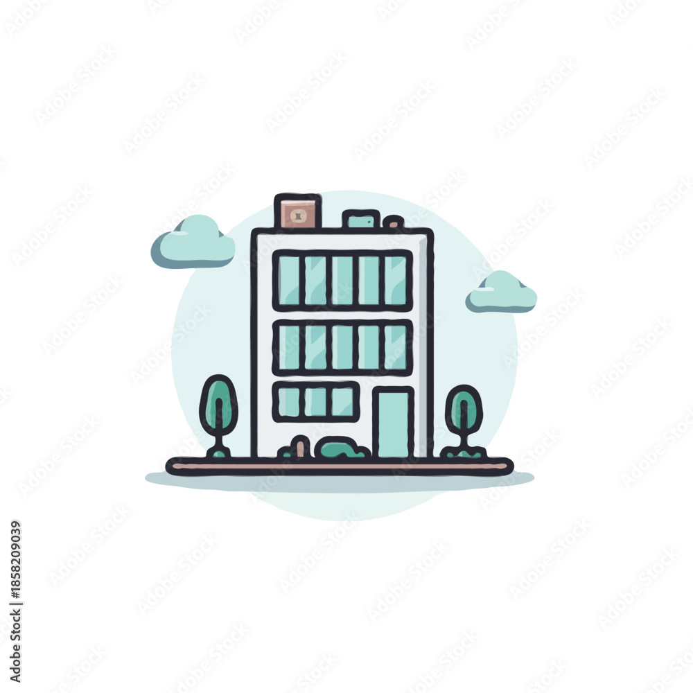 Fototapeta premium Stylized depiction of a simple building facade with minimalist landscaping and a whimsical sky
