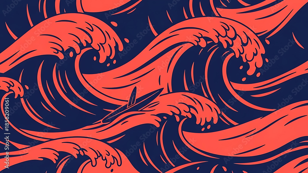 Naklejka premium ocean waves pattern with surfboard a dynamic summer surf illustration for seamless textile designs digital backgrounds and branding.