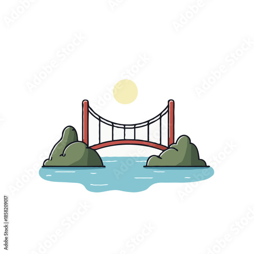 Stylized architectural marvel spanning turquoise waters beneath a radiant sun illustration of