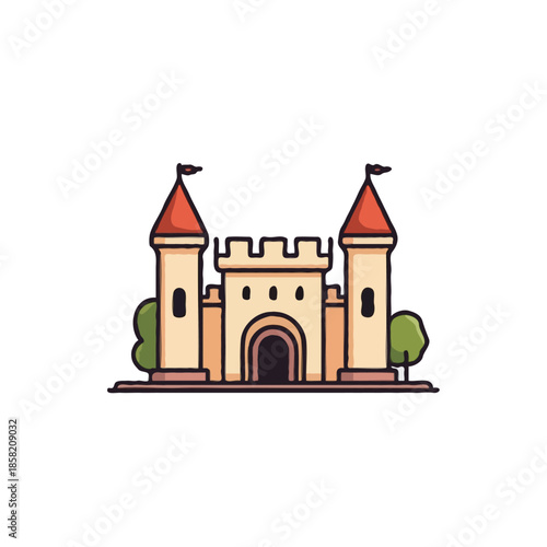 Stylized castle with twin towers adorned with flags surrounded by greenery isolated on a clean