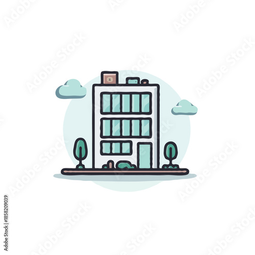 Stylized depiction of a simple building facade with minimalist landscaping and a whimsical sky
