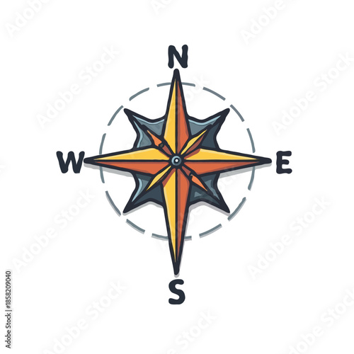 Stylized compass illustration showing cardinal directions ideal for travel adventure nautical