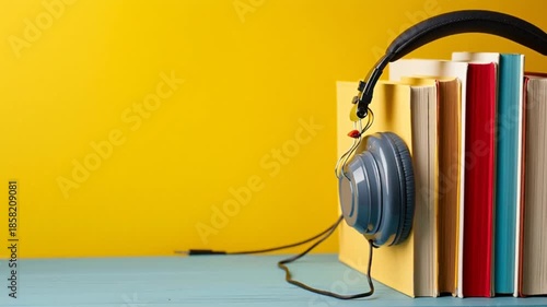 Headphones and books with bright backdrop