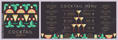 Retro holiday restaurant cocktail menu design on black background. Flat design. Vector illustration