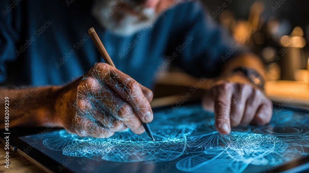 Obraz premium Close-up of elderly person's hand drawing on a glowing tablet with stylus, digital art