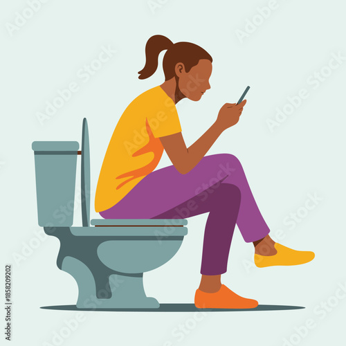 An illustration depicting a person sitting on a toilet, engaged with their smartphone, capturing the humorous side of modern lifestyle and daily habits.