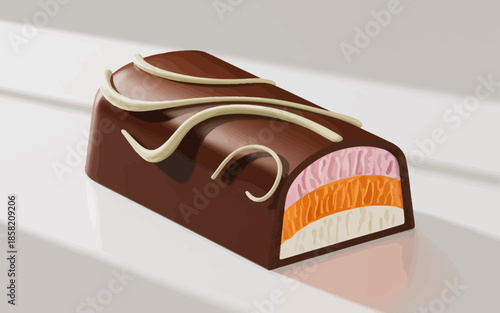 A sumptuous chocolate dessert displayed elegantly, featuring layers of flavor and texture, representing indulgence and culinary artistry in a beautifully crafted design.