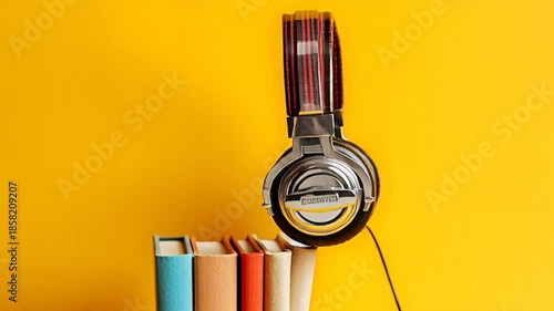 Headphones draped over colorful book spines
