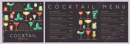 Retro holiday restaurant cocktail menu design on black background. Flat design. Vector illustration