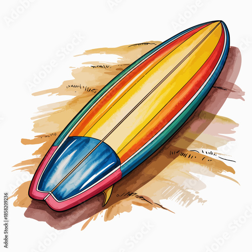 This artistic illustration depicts a colorful surfboard resting on the sand, evoking feelings of summer, adventure and the thrill of surfing in a coastal environment.