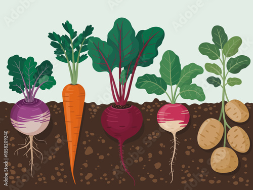This vibrant illustration showcases a variety of root vegetables situated in soil, highlighting their rich colors and textures, capturing the essence of gardening and fresh produce.