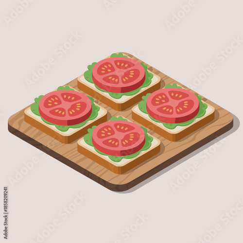 A mouthwatering illustration of four fresh tomato sandwiches beautifully arranged on a wooden board, showcasing vibrant colors and healthy ingredients in a modern style.