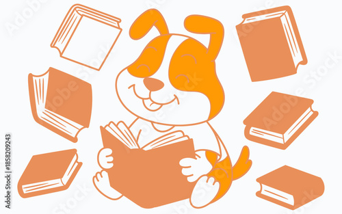 This cheerful illustration depicts a happy dog joyfully reading an orange book surrounded by colorful books, celebrating the love of reading and companionship in a fun setting.
