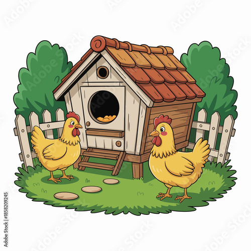 Two cheerful yellow chickens stand outside their well-designed coop, embodying the joy of farm life and the simplicity of rural living with adorable playful expressions.