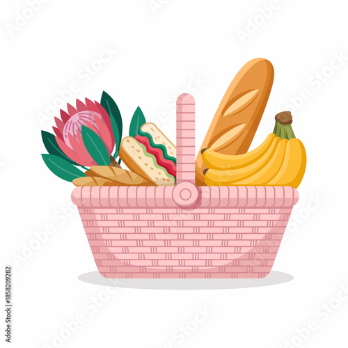 This vibrant pink basket overflows with delicious food items including fruits, sandwiches, and flowers, symbolizing abundance and the joy of sharing meals with loved ones.