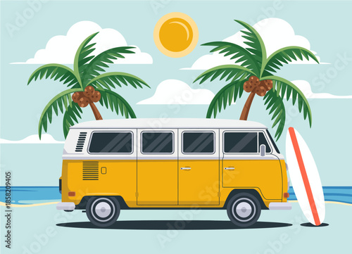 A vibrant yellow vintage van parked by a sunny beach, surrounded by palm trees and a surfboard, symbolizing adventure, relaxation, and a carefree lifestyle.