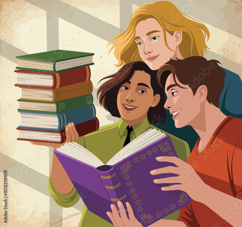 Three young friends share a joyful moment as they explore books together, highlighting the camaraderie and excitement of reading and learning at a sunny spot.