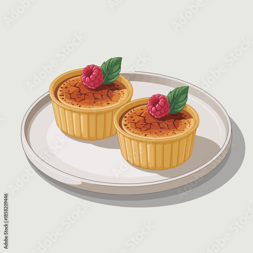 Two beautifully baked custard tarts sit elegantly on a plate, garnished with fresh raspberries and mint leaves, perfect for desserts and sweet occasions.