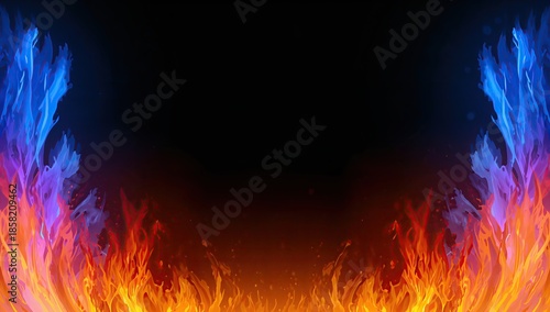 Blue and orange flames framing dark cente