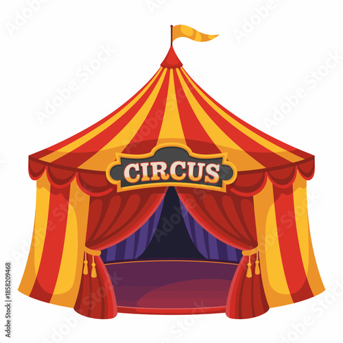 A vividly designed circus tent with bright red and yellow stripes stands tall, enticing visitors with its playful charm and promising a world of excitement and entertainment inside.