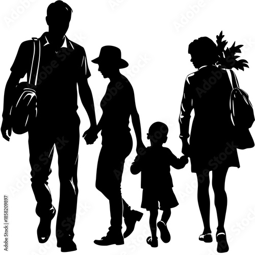 Family Walking Silhouette with Children and Parents