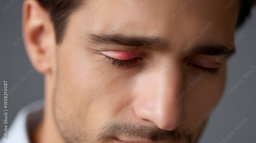 Obraz premium Eye Inflammation: The close-up shot of a man's eye reveals a red, inflamed stye on the upper eyelid, emphasizing the condition in a sterile environment.