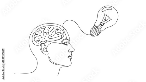 Continuous one line art vector illustration of a person thinking with a lightbulb representing an idea