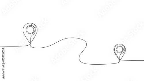 Continuous one line art vector illustration of a navigation path with map pins on a simple landscape