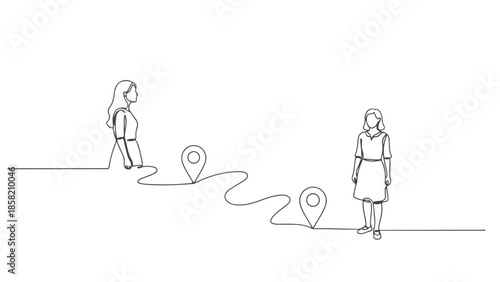 Continuous one line art vector illustration of a woman walking towards another woman with a map pin trail