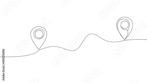 Continuous one line art vector illustration of two map pins connected by a wavy line on a white background